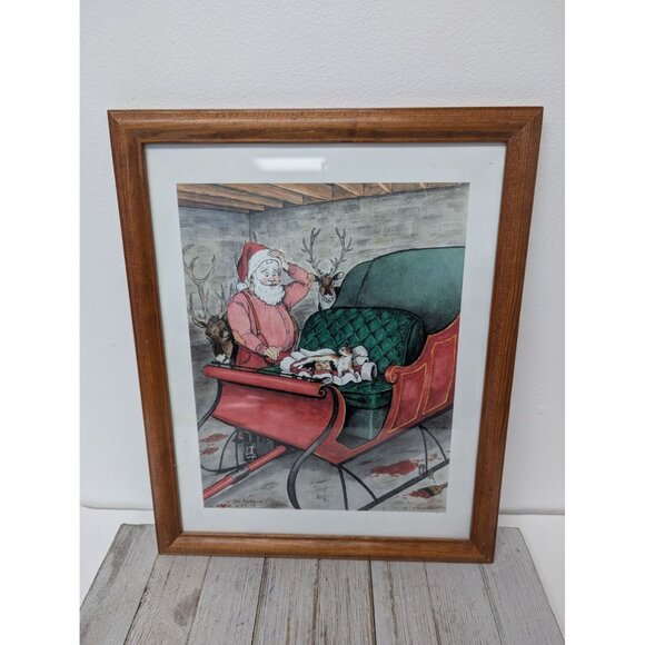 Jane McClure Jane's Prints Santa Claus Sleigh Cat Kittens Country Framed Print - Picture 1 of 4
